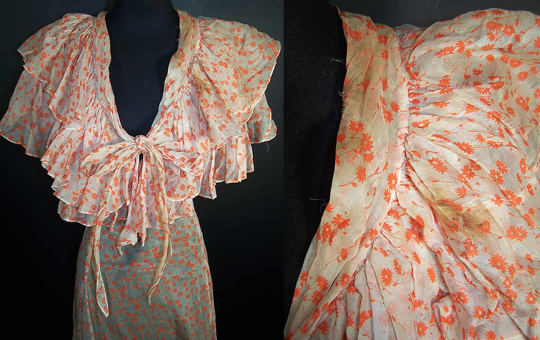 Organdy Orange Daisy Shawl Collar Bias Cut Dress Close-up View.