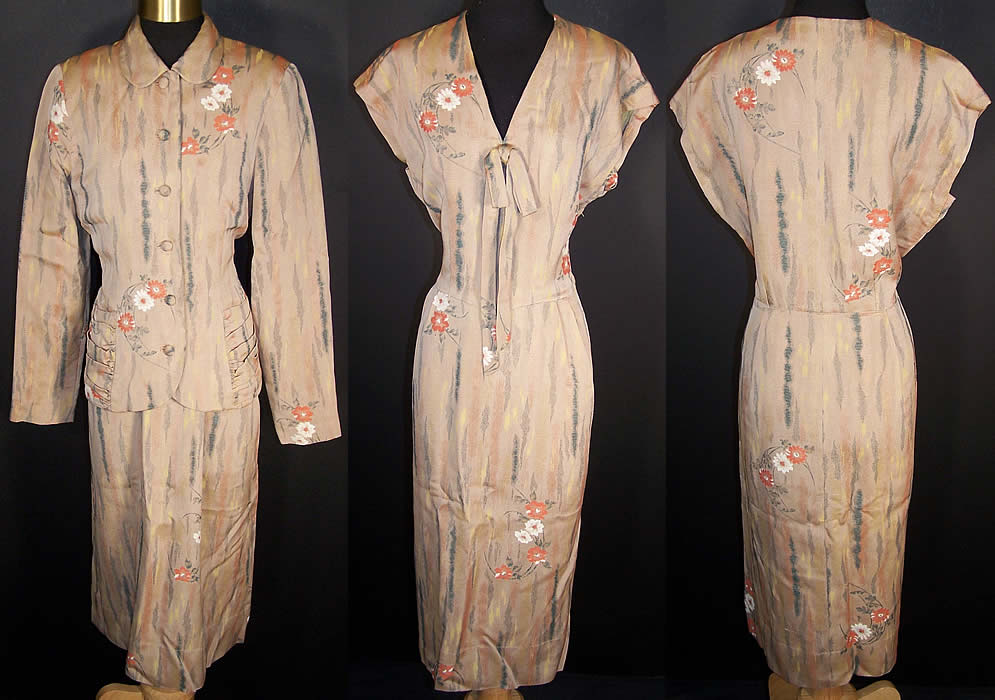 Vintage Japanese Ikat Silk Daisy Dress & Suit Jacket  Front view.