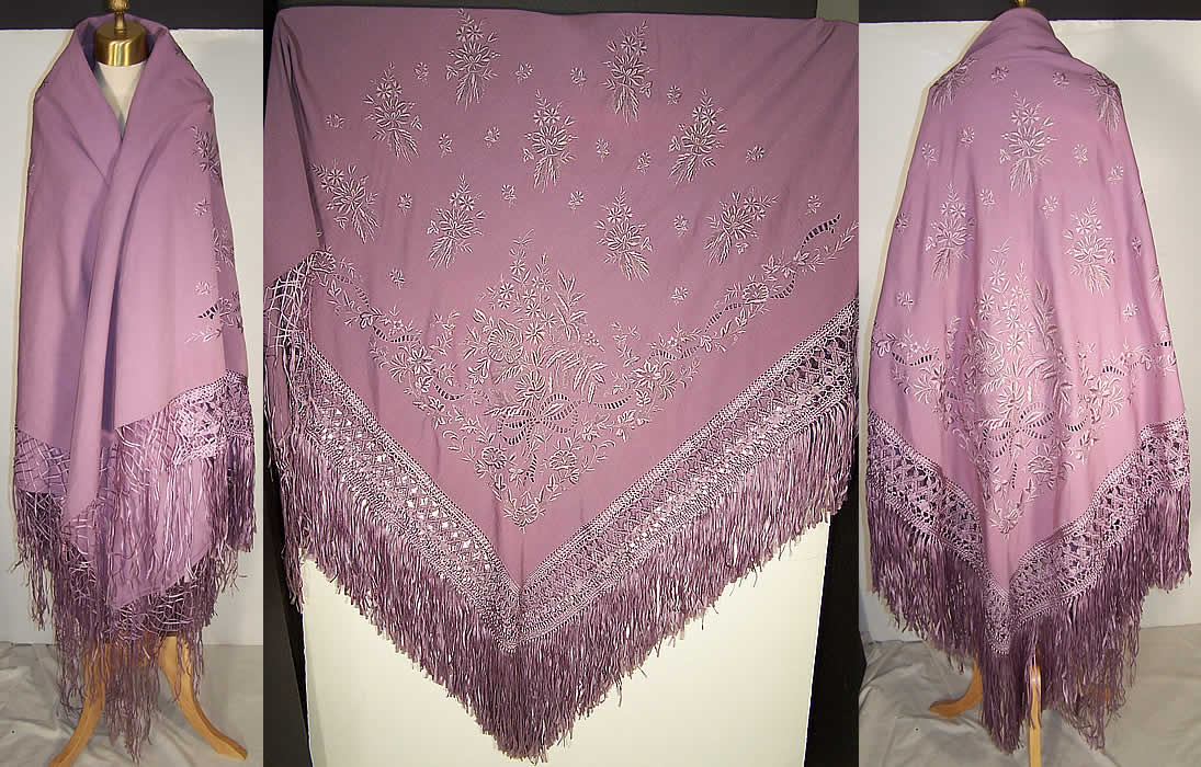 Victorian Antique Lilac Purple Embroidered Wool Shawl  Front view.