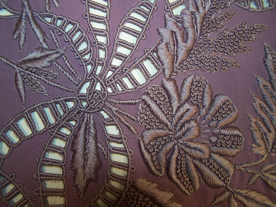 Victorian Antique Lilac Purple Embroidered Wool Shawl Close up.