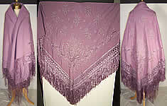 Victorian Antique Lilac Purple Embroidered Wool Shawl