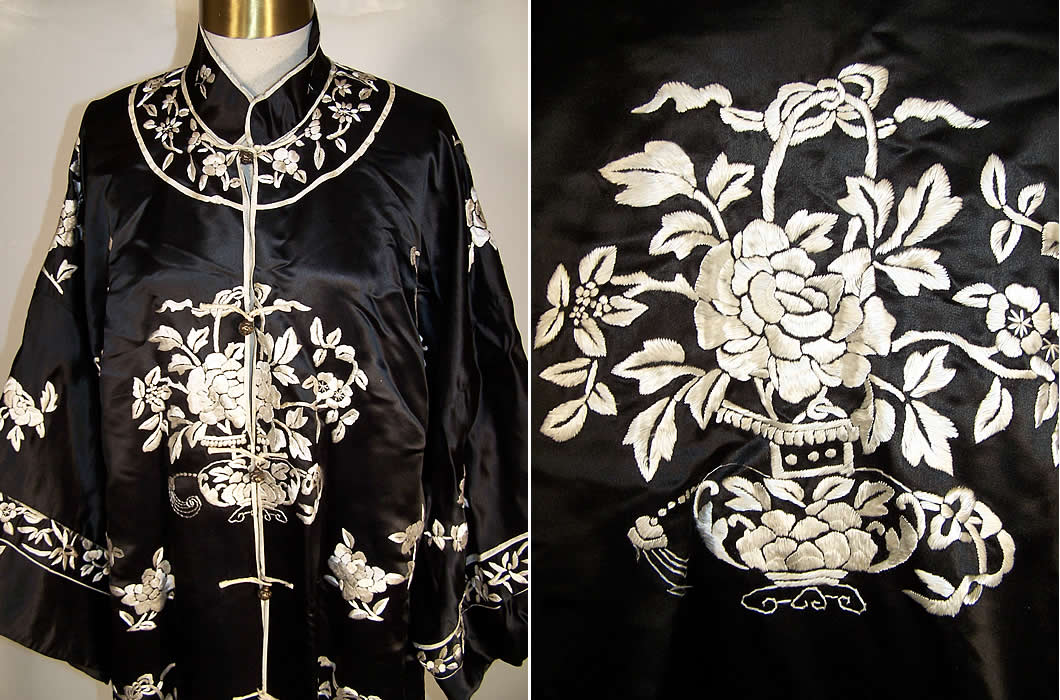 Chinese Black & White Silk Embroidered Robe Coat Close-up View.