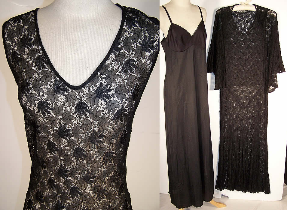 Vintage Sheer Black Lace Bias Cut Dress Slip Jacket Front View.