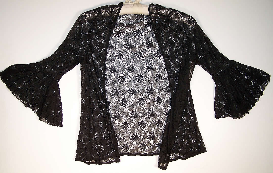 Vintage Sheer Black Lace Bias Cut Dress Slip Jacket Close up.