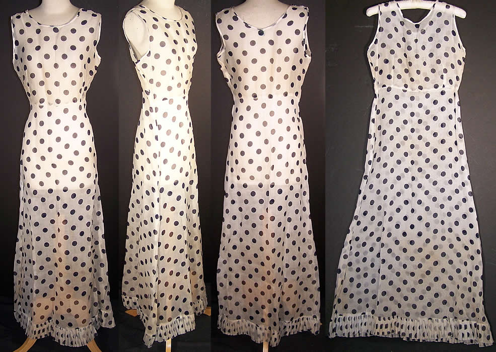 Vintage Barmon White Organdy Navy Polka Dot Bias Cut Dress   Front view.