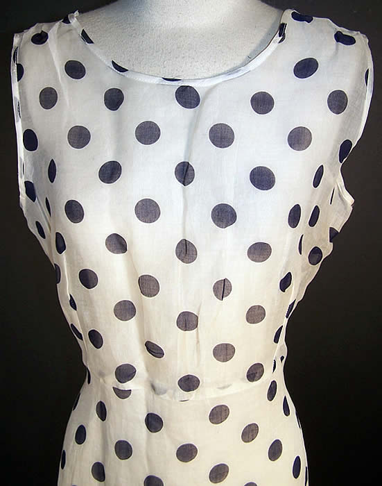 Vintage Barmon White Organdy Navy Polka Dot Bias Cut Dress  Front View.