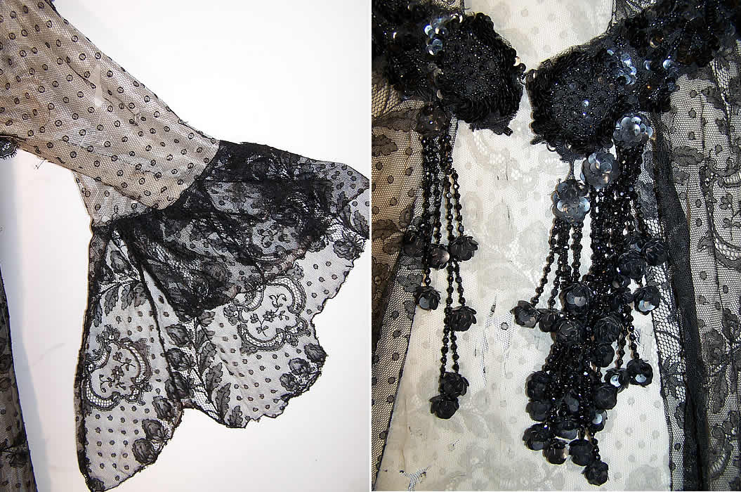 Edwardian Black Chantilly Lace Robe Dressing Gown close-up view.