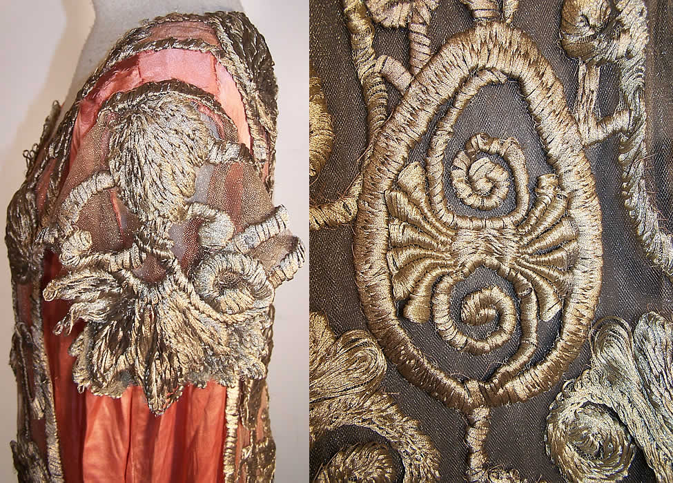 Gold Metallic Mesh Embroidered Tunic Drop Waist Dress Close up.