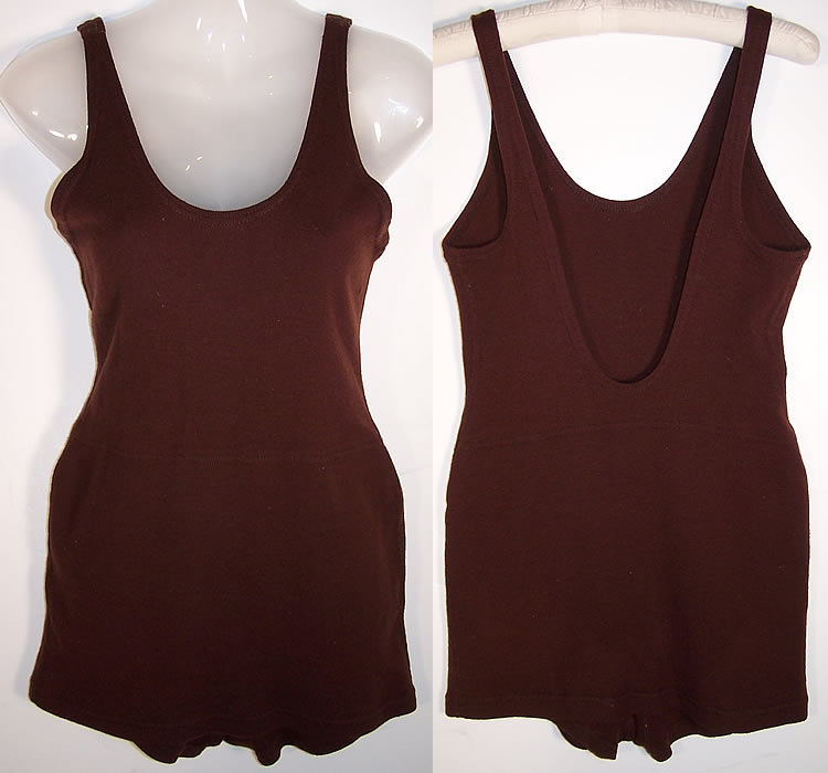 Vintage Ladies Brown Wool Knit Bathing Swimsuit  Front view.