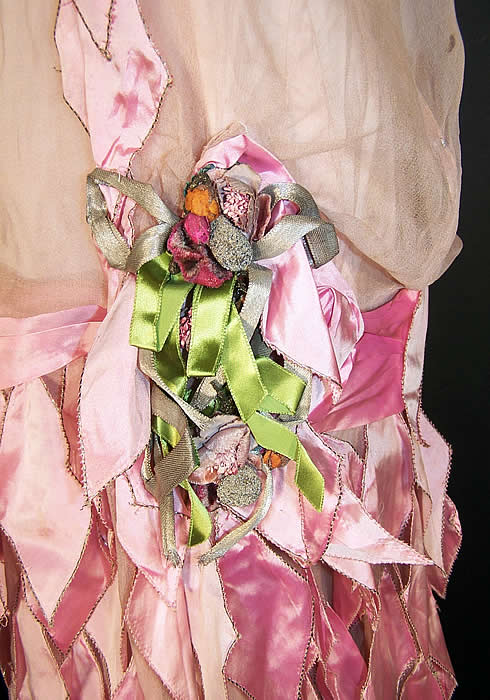 Pink Silk Petal Floral Rosette Drop Waist Flapper Dress close-up view.