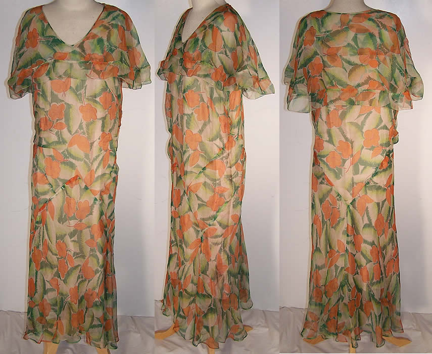 Orange Blossom Floral Print Silk Chiffon Bias Cut Dress  Front view.