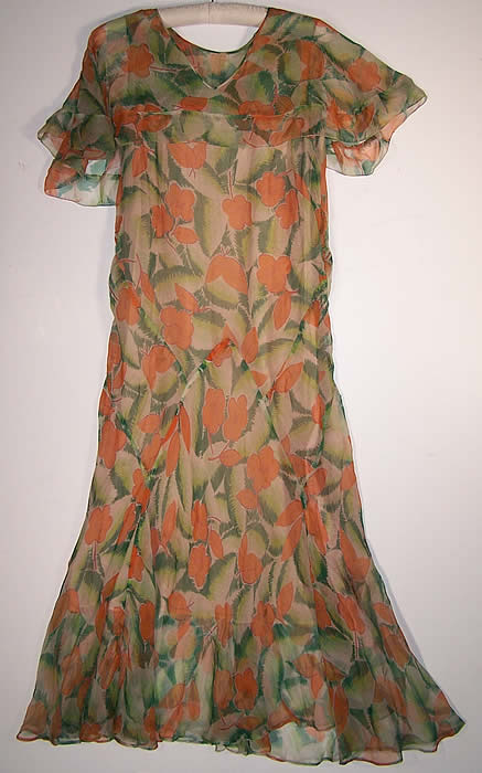 Orange Blossom Floral Print Silk Chiffon Bias Cut Dress Close up.