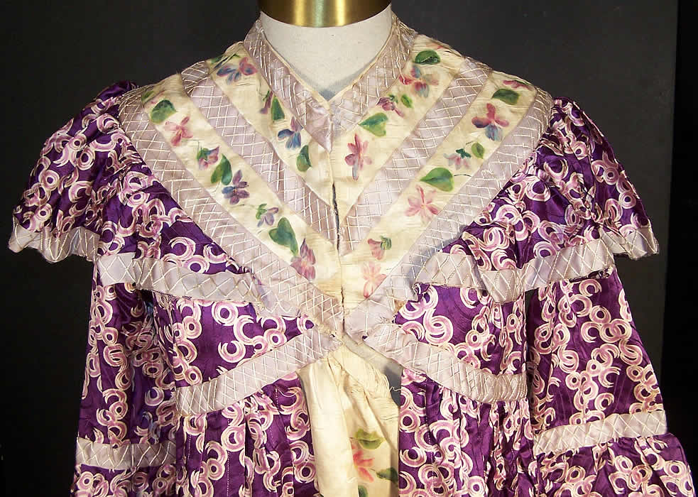 Victorian Purple Silk Print Violet Morning Robe Dress Gown front View.