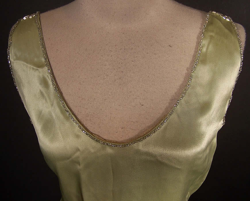 Celadon Green Silk Beaded Bias Cut Slip Dress Gown close-up View.