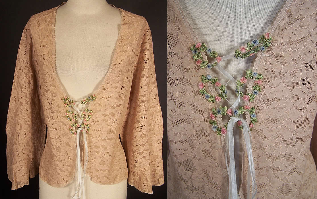 Ecru Bretonne Needle Lace Silk Rosette Corseted Jacket  Front view.