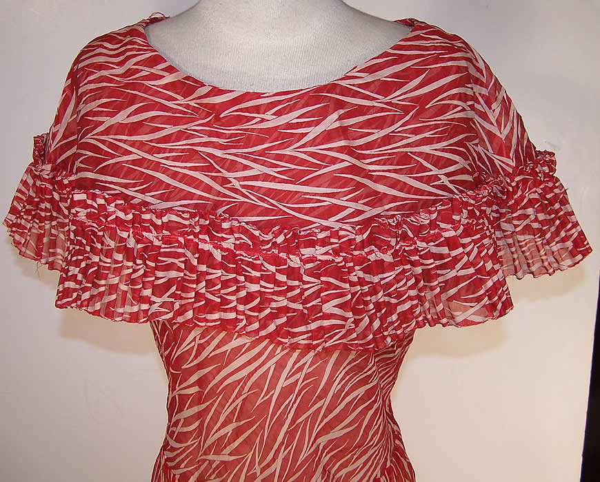 Red & White Organdy Shawl Collar Bias Cut Dress top View.