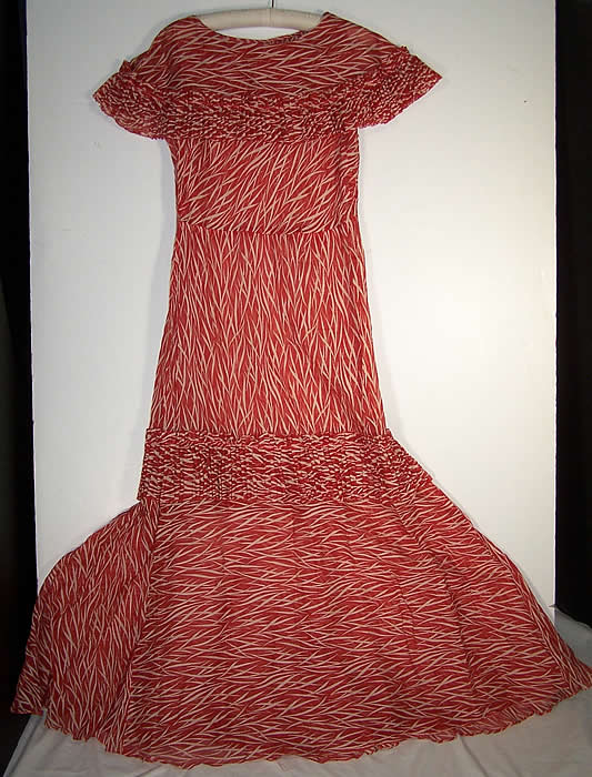 Red & White Organdy Shawl Collar Bias Cut Dress front view.