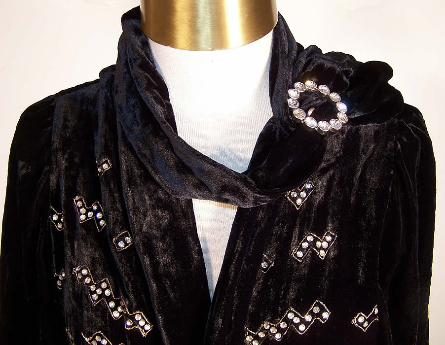 Art Deco Black Silk Velvet Rhinestone Beaded Jacket close-up