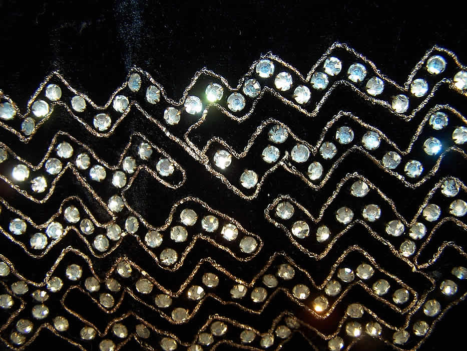  Art Deco Black Silk Velvet Rhinestone Beaded Jacket Close up.