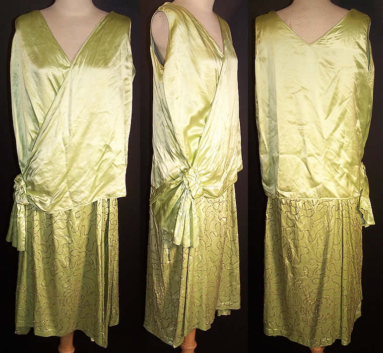 Chartreuse Green Silk Beaded Drop Waist Flapper Dress   Front view.