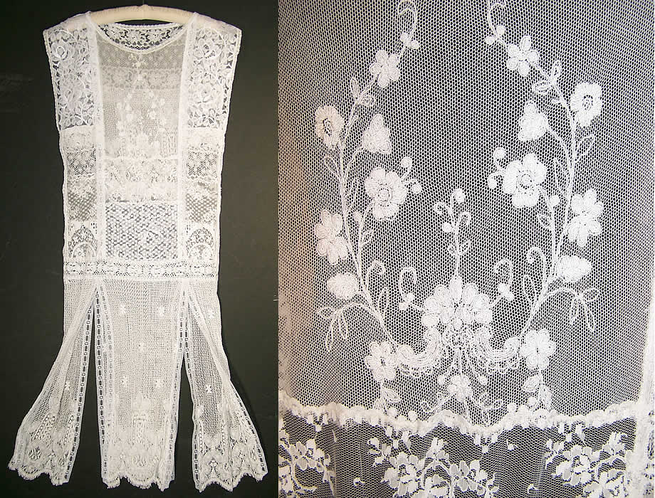 White Patchwork Lace Tambour Embroidery Net Drop Waist Dress close-up view.