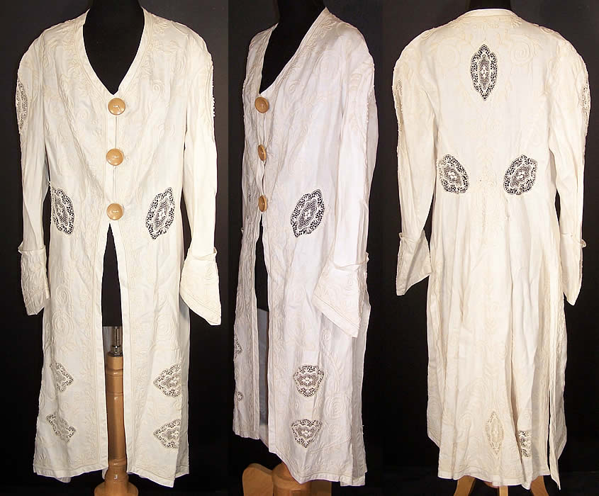 Edwardian White Linen Lace Soutache Coat Tails Jacket  Front view.