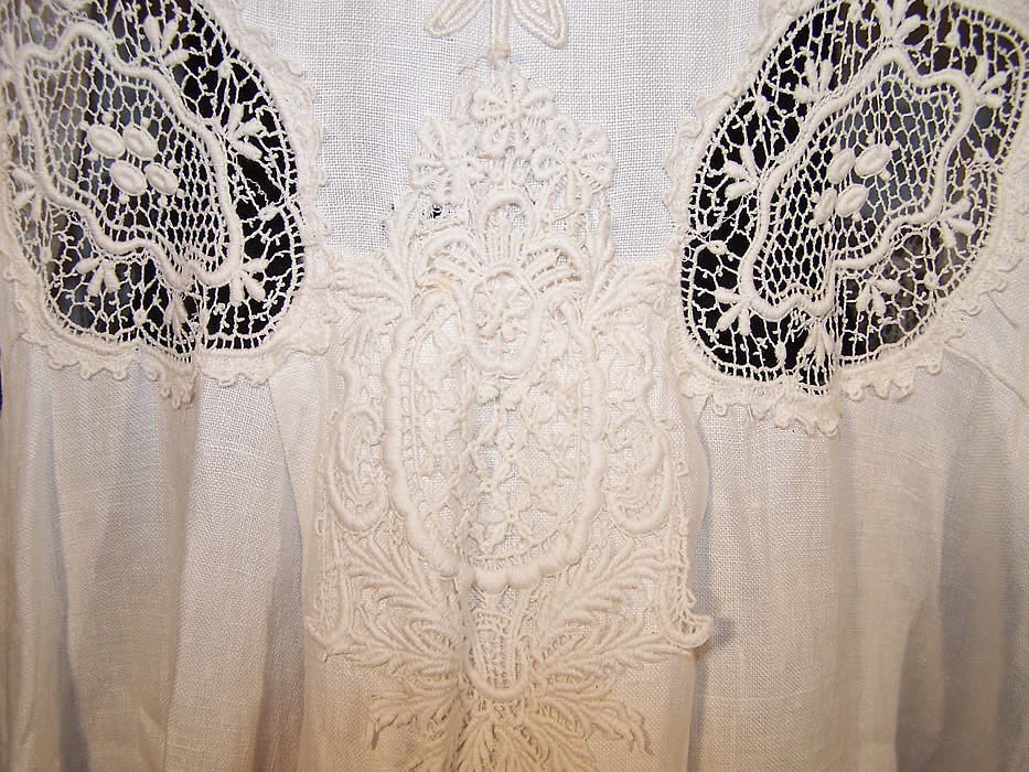 Edwardian White Linen Lace Soutache Coat Tails Jacket close-up view.