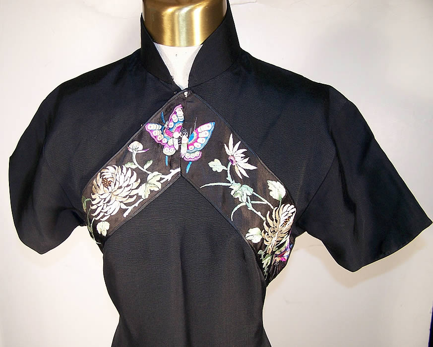 Chinese Cheongsam Silk Embroidered Floral Butterfly Dress front View.