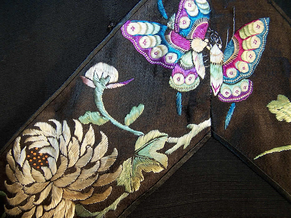 Chinese Cheongsam Silk Embroidered Floral Butterfly Dress  close-up view.