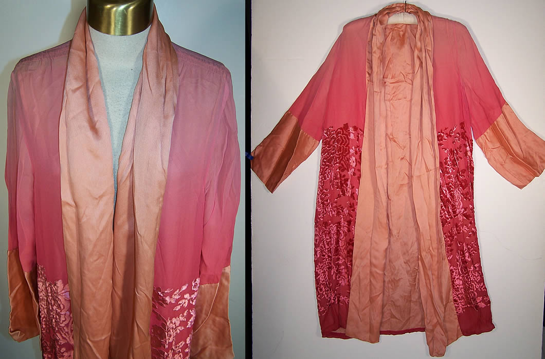 Art Deco Pink Silk Chiffon Voided Velvet Robe Coat Front View.