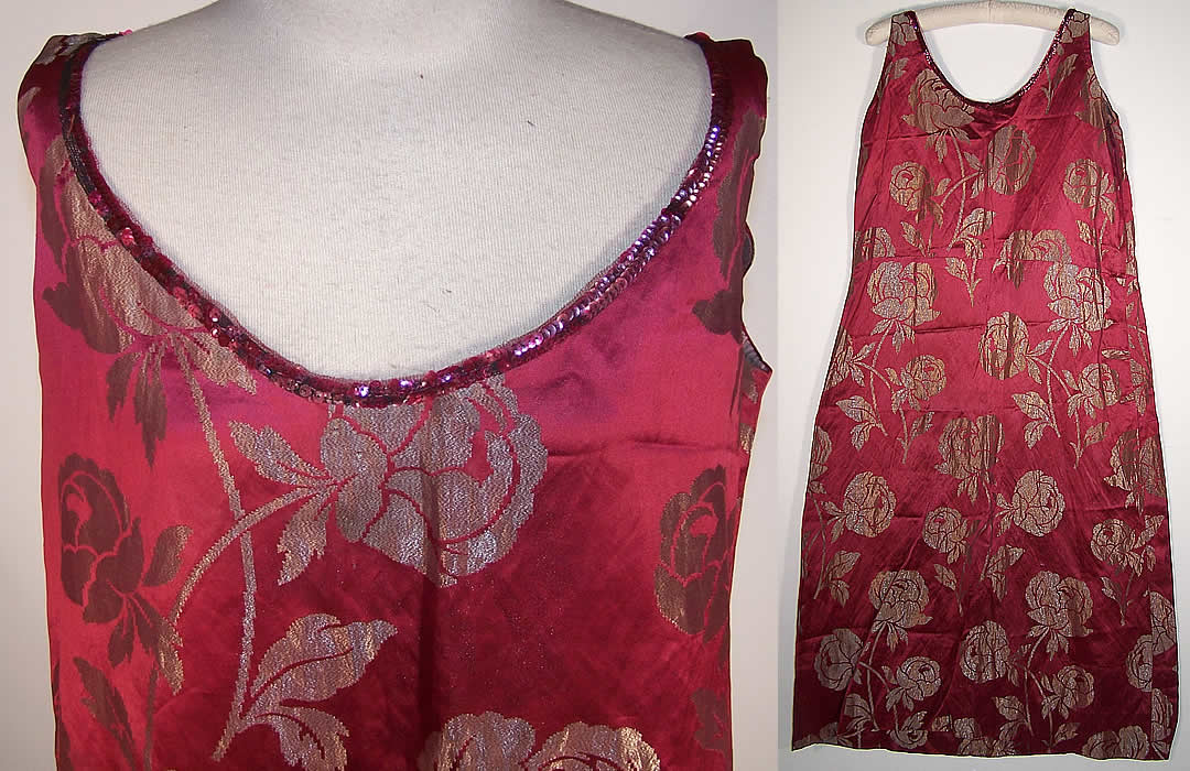 Burgundy Red Silk Silver Lamé Floral Flapper Dress front View.