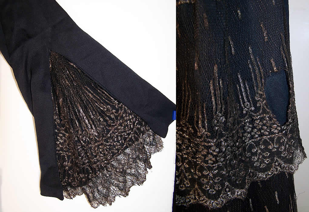 Navy Blue Silk Gold Lace Drop Waist Dress close-up view.