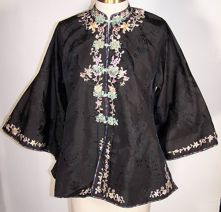 Chinese Cut Silk Applique Floral Robe Jacket  Front view.