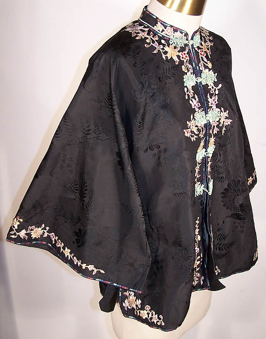 Chinese Cut Silk Applique Floral Robe Jacket Side View.