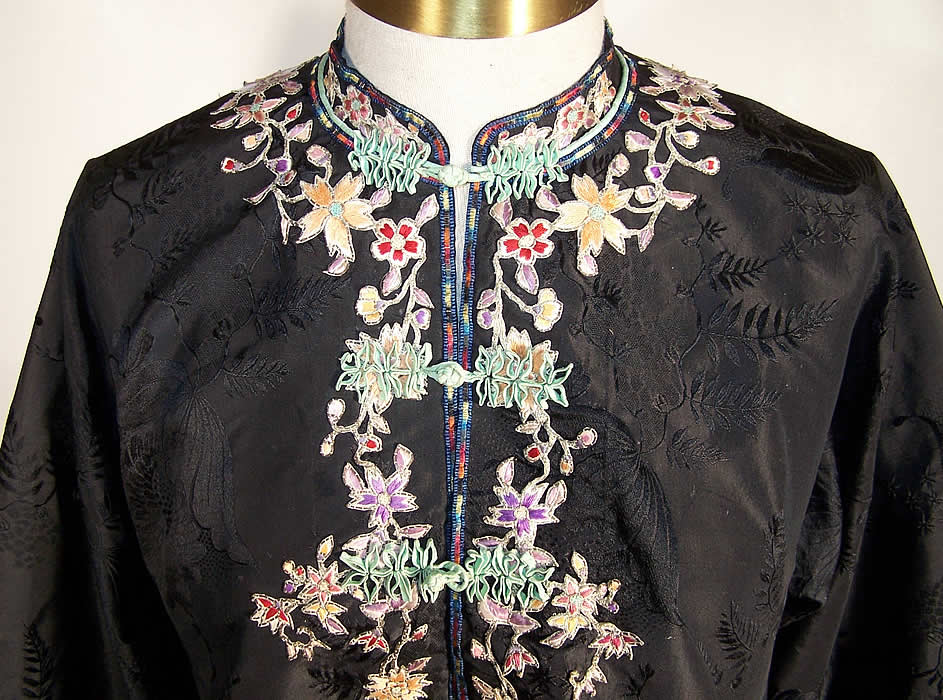 Chinese Cut Silk Applique Floral Robe Jacket Close up.