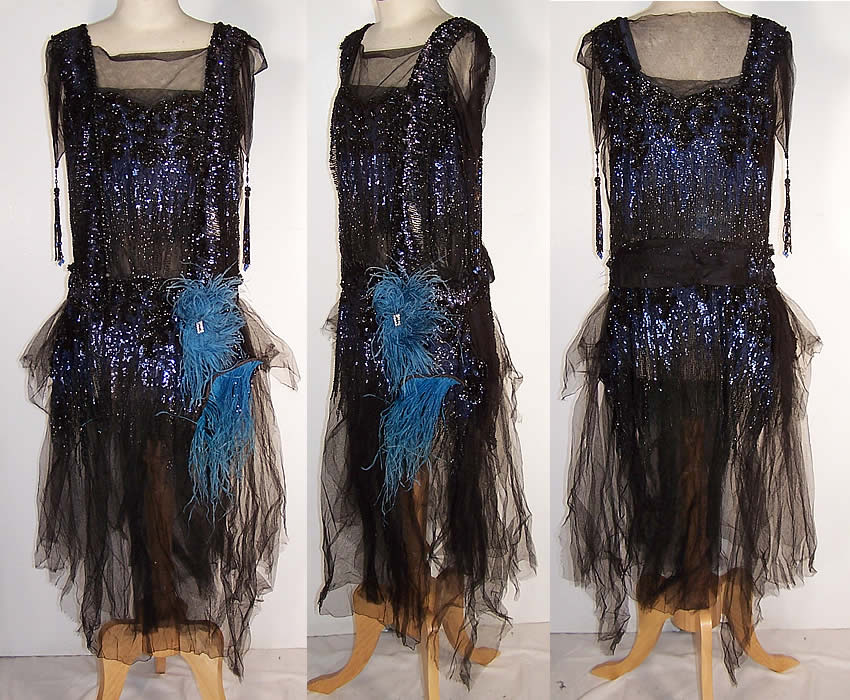 Black Blue Beaded Sequin Feather Flapper Gown Dress   Front view.