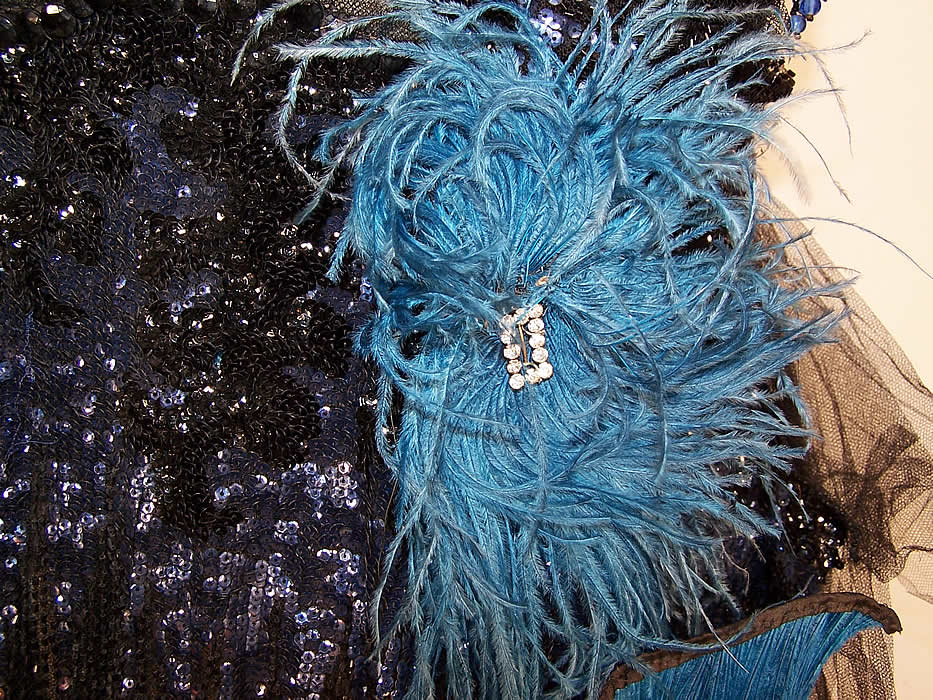 Black Blue Beaded Sequin Feather Flapper Gown Dress Close-up View.