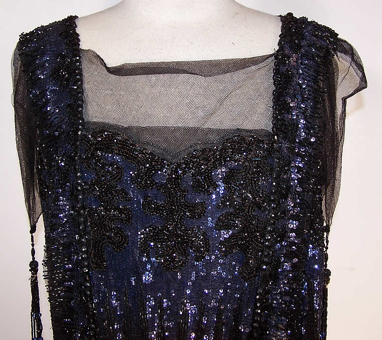 Black Blue Beaded Sequin Feather Flapper Gown Dress close-up view.