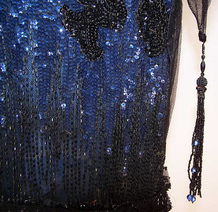 Black Blue Beaded Sequin Feather Flapper Gown Dress  Close up.