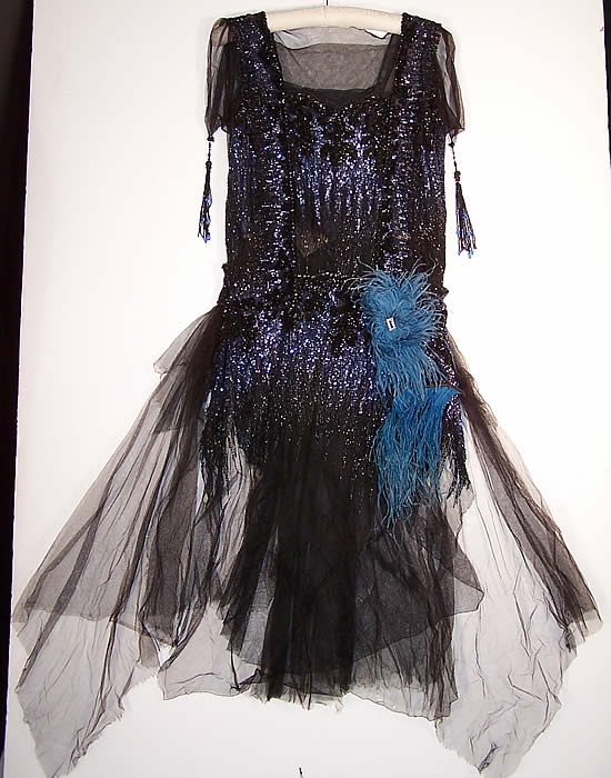 Black Blue Beaded Sequin Feather Flapper Gown Dress flat front view