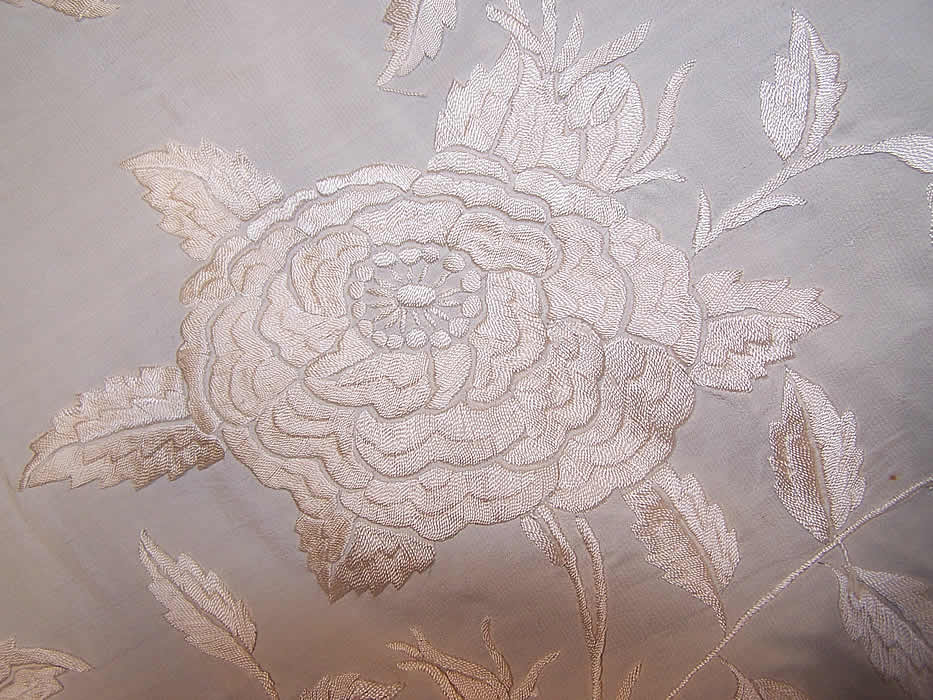 Antique White Silk Embroidered Wedding Piano Shawl  close-up view.