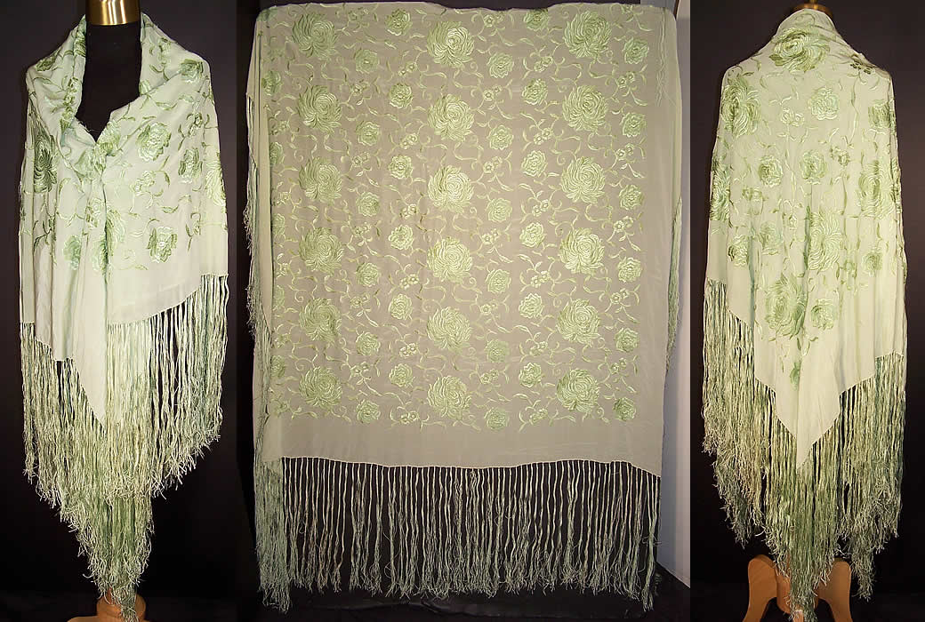 Chartreuse Green Floral Silk Embroidered Piano Shawl  Front view.