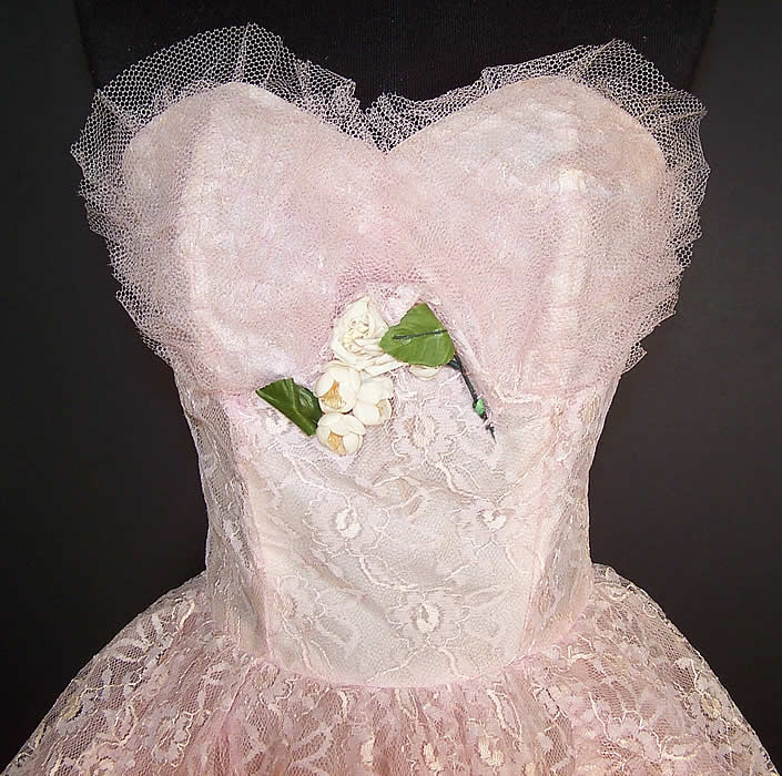 Vintage Rosette Pink Lace Tulle Net Formal Gown Dress front top View.