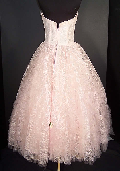 Vintage Rosette Pink Lace Tulle Net Formal Gown Dress back view.