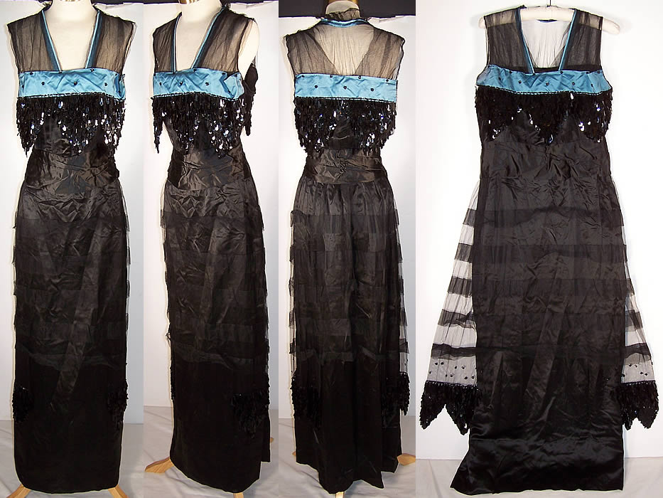 Belle Epoque Blue Black Silk Sequin Evening Gown Dress  Front view.