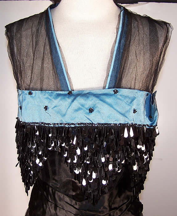 Belle Epoque Blue Black Silk Sequin Evening Gown Dress Top View.