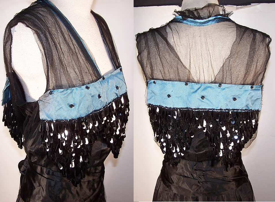  Belle Epoque Blue Black Silk Sequin Evening Gown Dress side and back view.