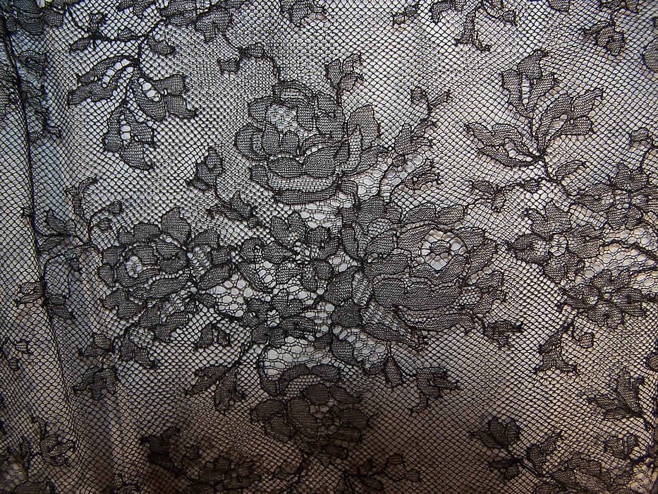 Vintage Black Chantilly Lace Wiggle Sheath Cocktail Dress close-up view.