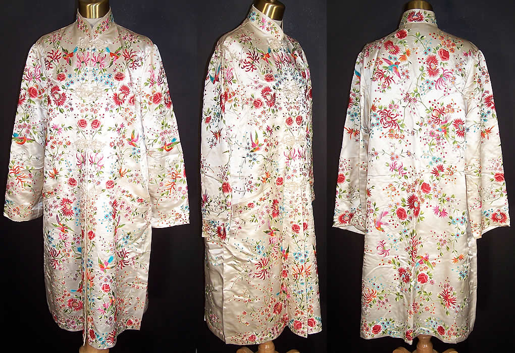  Vintage Plum Blossoms Chinese Silk Embroidered Floral Bird Coat Front view.