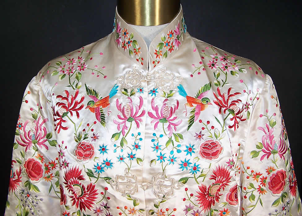 Vintage Plum Blossoms Chinese Silk Embroidered Floral Bird Coat Top View.